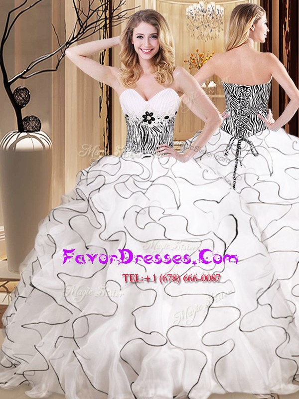 Inexpensive White Sleeveless Organza Lace Up Quince Ball Gowns for Military Ball and Sweet 16 and Quinceanera