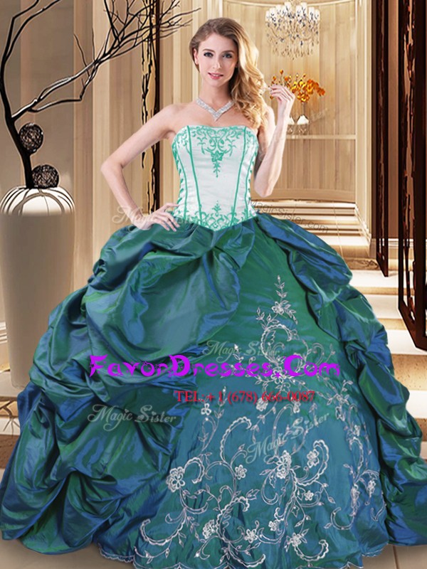 Edgy Turquoise Ball Gowns Strapless Sleeveless Taffeta Floor Length Lace Up Embroidery and Pick Ups Quince Ball Gowns