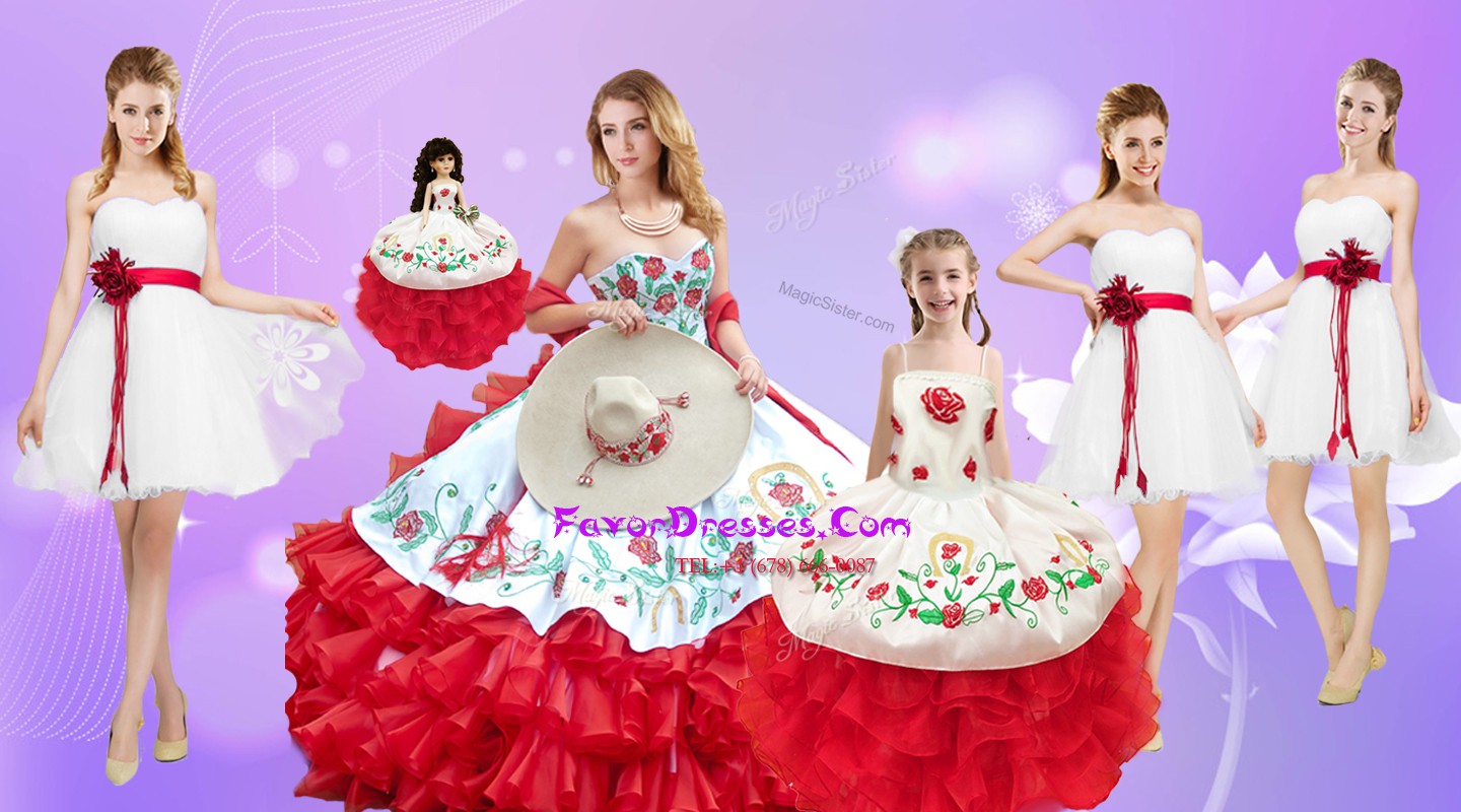  Sleeveless Organza Floor Length Lace Up 15th Birthday Dress in White And Red with Embroidery and Ruffles