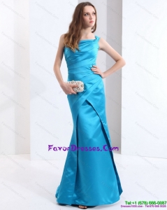 One Shoulder Baby Blue Long Prom Dresses with Brush Train