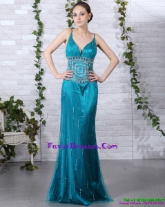 2015 Beading Prom Dresses with Brush Train and Spaghetti Straps