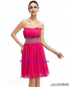 2015 Coral Red Strapless Short Prom Dresses with Ruching and Rhinestones