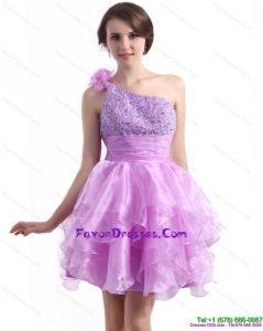 2015 One Shoulder Lilac Prom Dresses with Beading and Hand Made Flower
