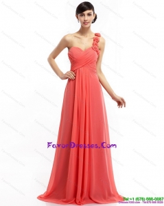 Watermelon Red One Shoulder and Formal Prom Dresses with Brush Train and Hand Made Flowers