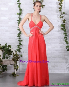 Spaghetti Straps Formal Prom Dresses with Ruching and Beading