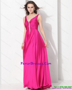 Formal Hot Pink Long Prom Dresses with Beading and Ruching