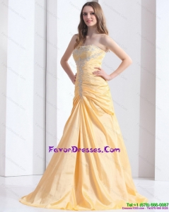 2015 Brush Train Gold Prom Dresses with Ruching and Beading