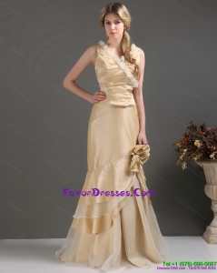 2015 Champagne Long Prom Dresses with Ruffles and Hand Made Flower