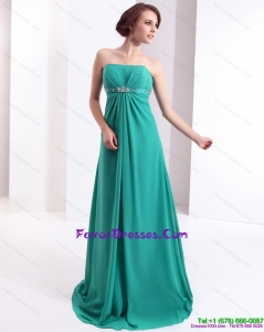 Affordable 2015 Strapless Brush Train Formal Prom Dress with Beading and Ruching