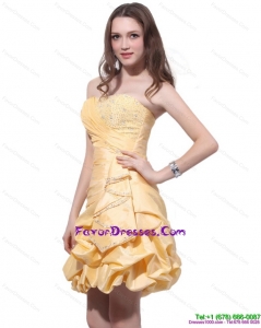 Gold Mini Length Formal Prom Dresses with Beading and Pick Ups