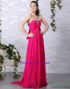 Modern Hot Pink Halter Top Formal Prom Dress with Brush Train