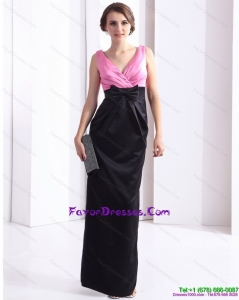 2015 Elegnat and Cheap V Neck Long Prom Dress with Bowknot and Ruching