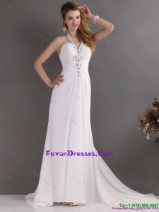 Beautiful and Cheap 2015 Halter Top White Prom Dress with Ruching and Beading