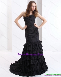 Brush Train Pleated Black Formal Prom Dresses with One Shoulder and Ruffled Layers
