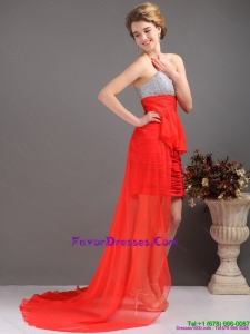 Brush Train Red High Low Prom Dresses with Ruching and Beading