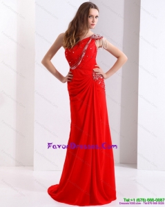 Elegant 2015 One Shoulder Red Formal Prom Dress with Beadings and Brush Train