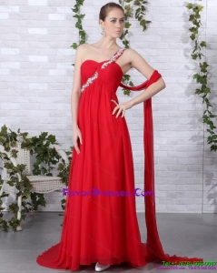 Popular and Cheap 2015 One Shoulder Red Prom Dress with Beadings and Brush Train