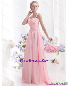 Remarkable 2015 Baby Pink Formal Prom Dress with Brush Train and Ruching