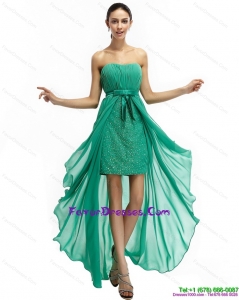Turquoise High Low Beading Prom Dresses with Ruching and Bownot