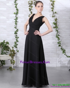 2015 Affordable V Neck Floor Length Prom Dress in Black