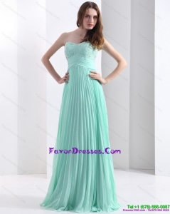 2015 Cheap Brush Train Apple Green Prom Dress with Beading and Pleats