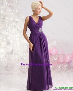 Elegant V Neck Floor Length Prom Dress with Beading and Ruching