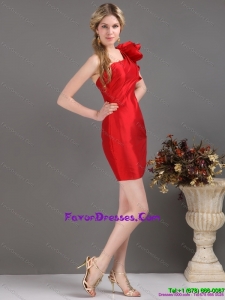 Inexpensive and Cheap One Shoulder Mini Length Red Prom Dress with Ruching