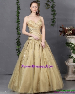 Luxurious and Cheap 2015 Spaghetti Straps Champagne Prom Dress with Ruching and Beading