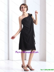 One Shoulder Black Prom Dresses with Hand Made Flower