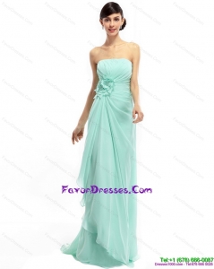 Sweep Train Apple Green Perfect Prom Dresses with Ruching and Hand Made Flower