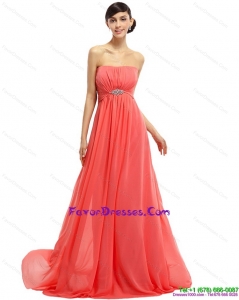 Watermelon Beading Long Perfect Prom Dresses with Ruching and Sweep Train