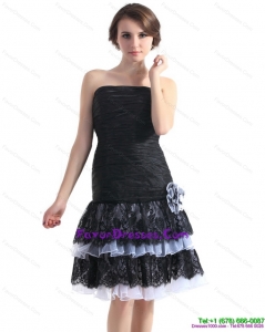 Black Short Perfect Prom Dresses with Ruching and Hand Made Flower