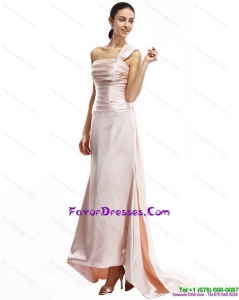 Champagne One Shoulder Ruching Perfect Prom Dresses with Brush Train