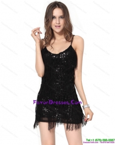 New Style Black Sequins Mini Length Prom Dresses with Macrame