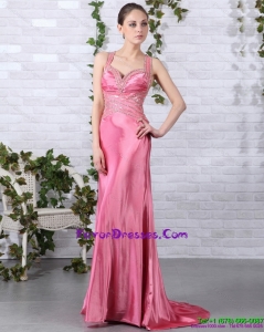 Rose Pink Beading Long Perfect Prom Dresses with Brush Train