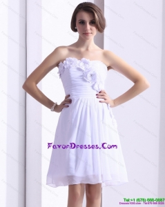 White Strapless Prom Dresses with Ruching and Hand Made Flower