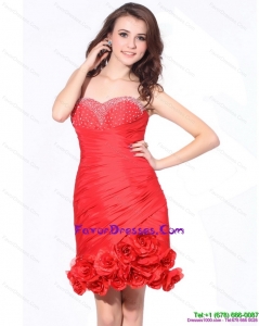 Beading Red Sweetheart Perfect Prom Dresses with Hand Made Flowers and Ruching