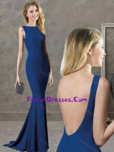 Best Selling Bateau Backless Royal Blue Evening Dress with Brush Train