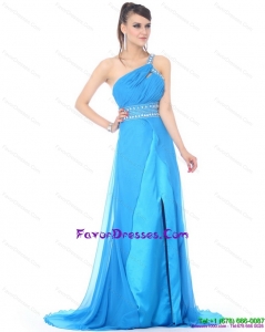 Elegant 2015 One Shoulder Blue Long Perfect Prom Dress with Rhinestones