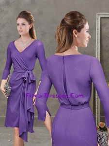 Elegant Column V Neck Three Fourth Length Sleeves Modern Mother Dress in Purple