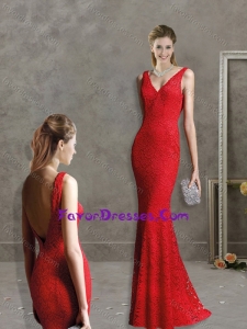 Feminine Deep V Neckline Red Modern Mother Dress with Lace