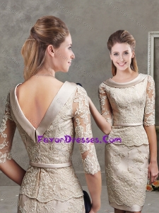 Inexpensive Half Sleeves Knee Length Laced Modern Mother Dress in Champagne