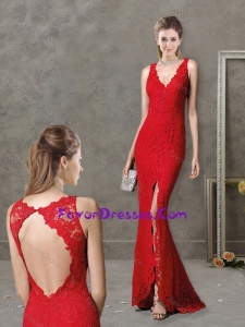 Laced and High Slit Deep V Neckline Red Modern Mother Dress with Brush Train