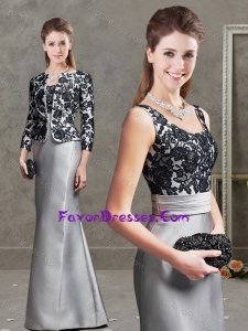 Luxurious Scoop Silver Long Modern Mother Dress in Satin and Lace