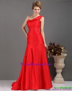 One Shoulder Pleated Red Perfect Prom Dresses with Brush Train