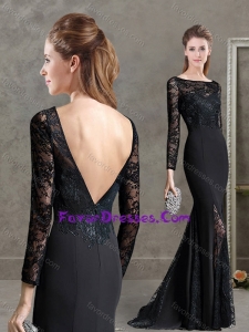 See Through Long Sleeves Mermaid Black Modern Mother Dress in Lace and Satin