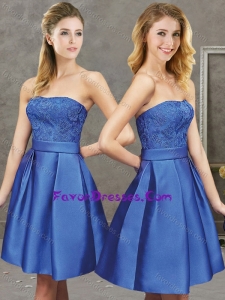 Hot Sale Strapless Laced Satin Short Modern Mother Dress in Blue