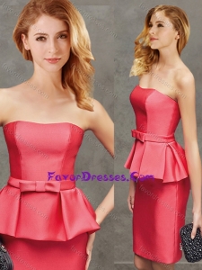 Latest Column Strapless Belted Short Stylish Prom Dress in Coral Red