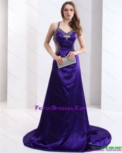 Luxurious 2015 Halter Top Purple Criss Cross Perfect Prom Dresses with Court Train