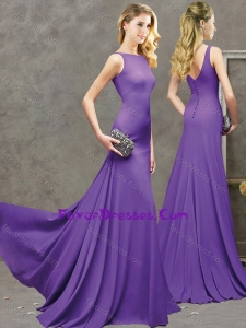 New Arrivals Bateau Brush Train Purple Stylish Prom Dress with Button Up
